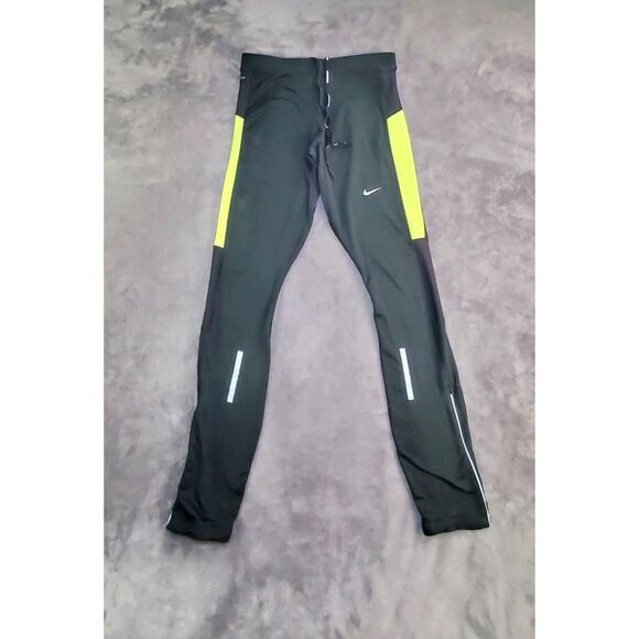 Nike Dri-Fit Running Size M Full Length Tights Black Green Hiking Yoga C17-63 - Picture 1 of 8